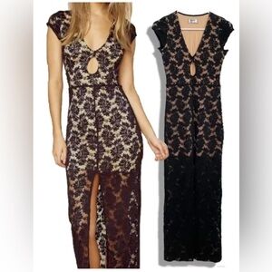 NIGHTCAP CLOTHING Black Keyhole Cap-Sleeve Lace Maxi Dress 2 S NEW